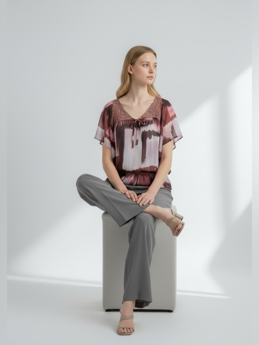 Blue Velvet Crochet-Trim Abstract Blouson Top